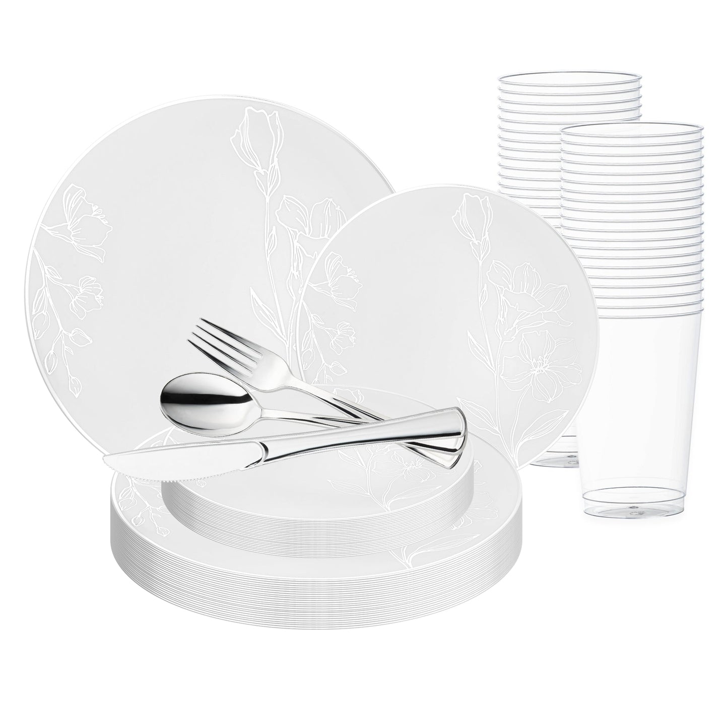White with Silver Antique Floral Round Disposable Plastic Wedding Value Set with silver cutlery, featuring a delicate floral design with a silver rim, adding vintage elegance to your celebration