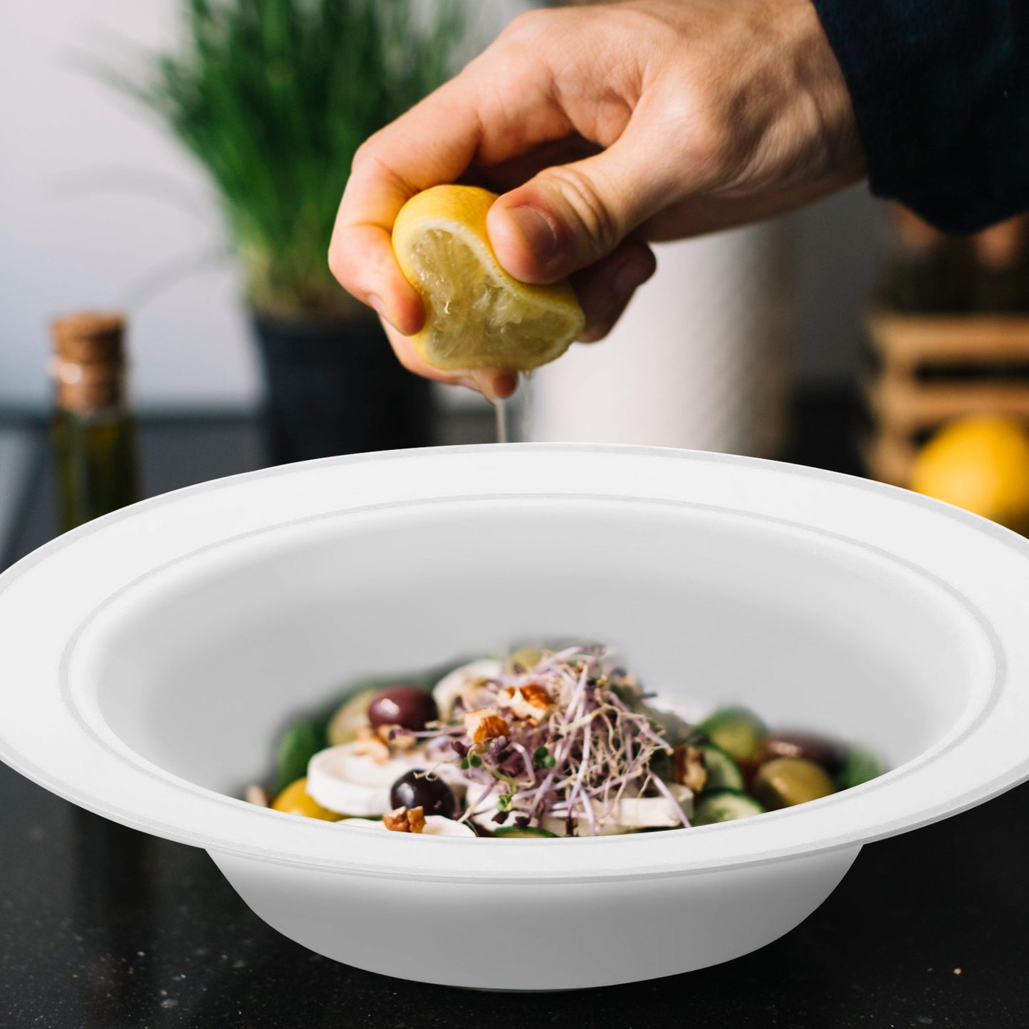 White with Silver Edge Rim Plastic Soup Bowl with elegant silver detailing, served with mixed vegetables and olives