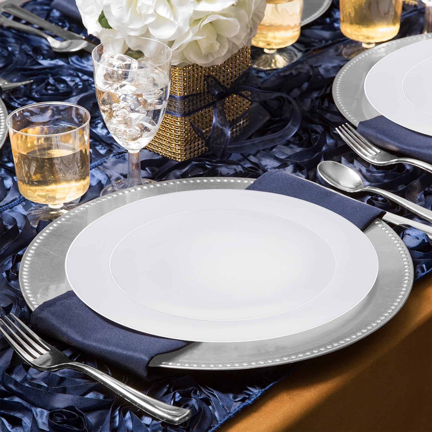 White with Silver Rim Organic Round Disposable Plastic Wedding Value Set, SKU 930WHSVS20, includes 10.25" dinner plates, 7.5" appetizer plates, 7.25" forks, 8" knives, 6.25" spoons, and 4.5" cups