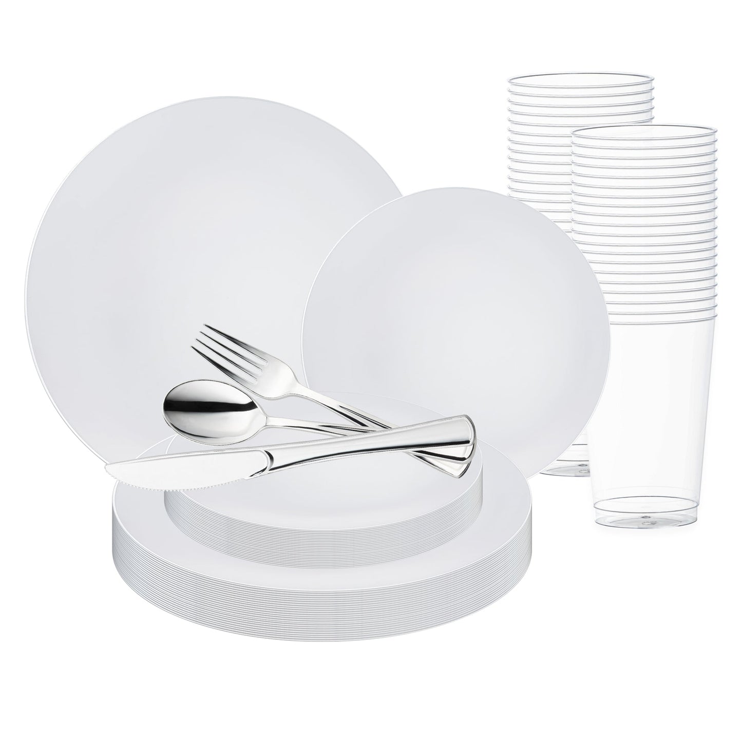 White with Silver Rim Organic Round Disposable Plastic Wedding Value Set with silver cutlery, featuring a pristine white design complemented by a sleek silver rim, ideal for crafting an elegant and polished table setting