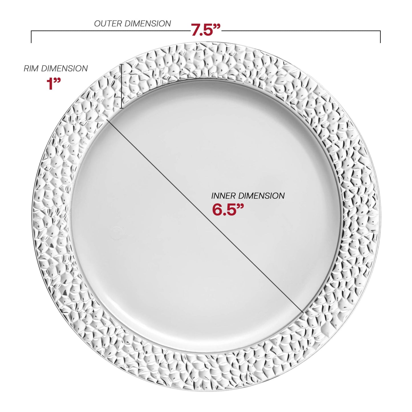 White with silver hammered rim disposable plastic plates, 7.5 inches in diameter, round design
