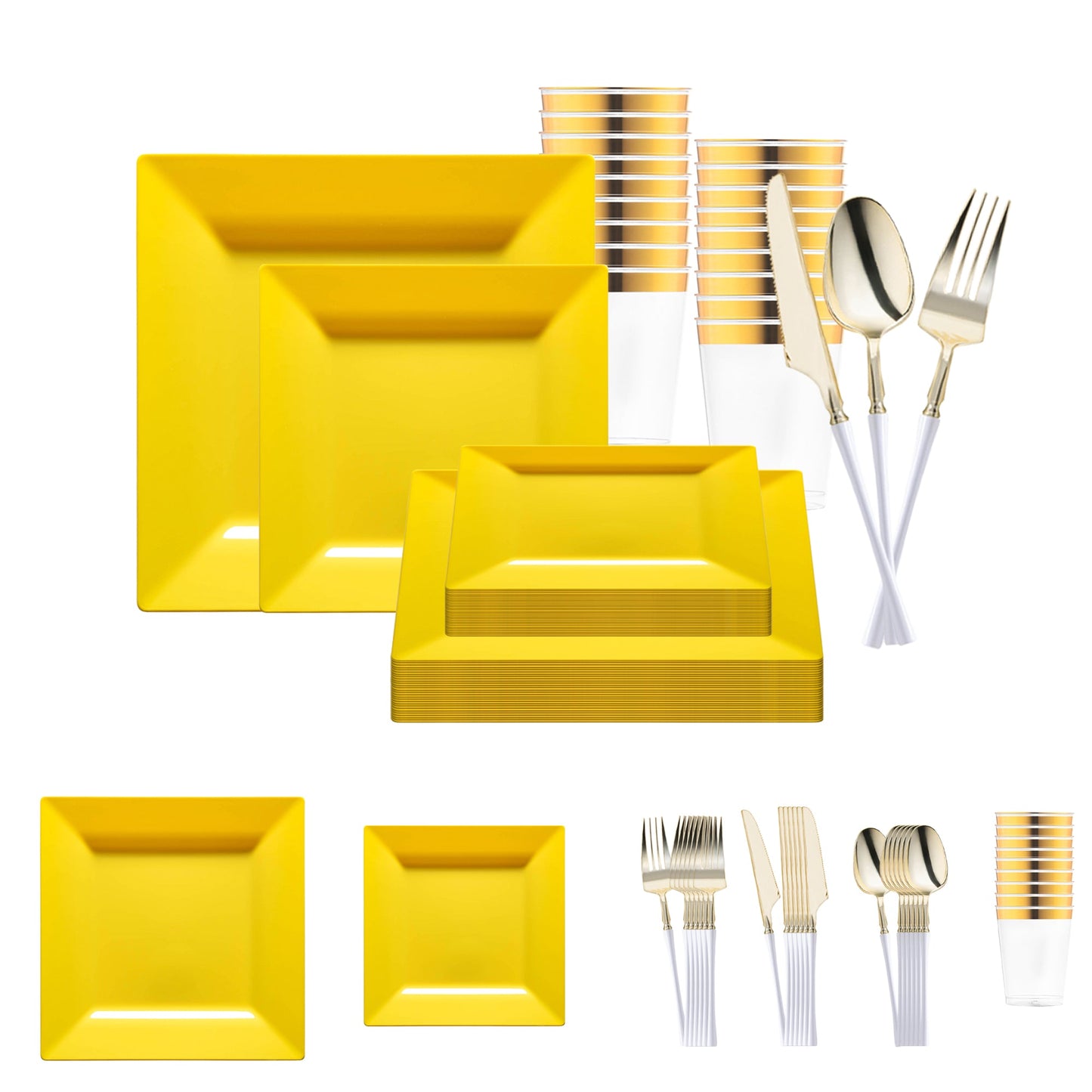 Yellow Square Disposable Plastic Tableware Set adds vibrant, modern flair to weddings, parties, and stylish celebrations