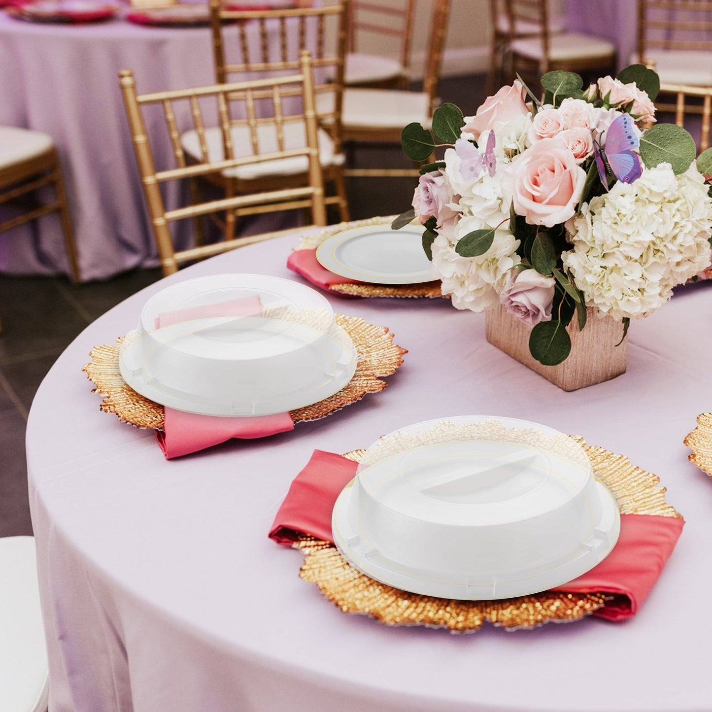 a premium choice 9" Solid White Disposable Plastic Buffet Plates with Clear Dome Lids for disposable serving or dining