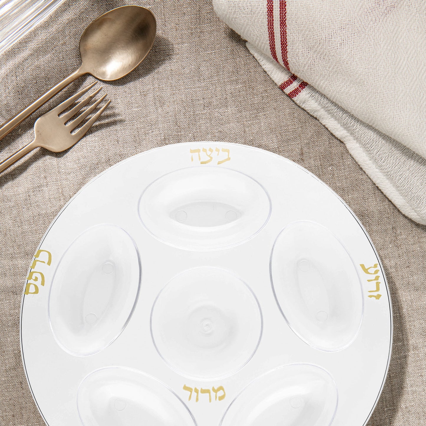 adds a sophisticated touch to any table setting Clear with Gold Round Section Tray Disposable Plastic Seder Plates (12")