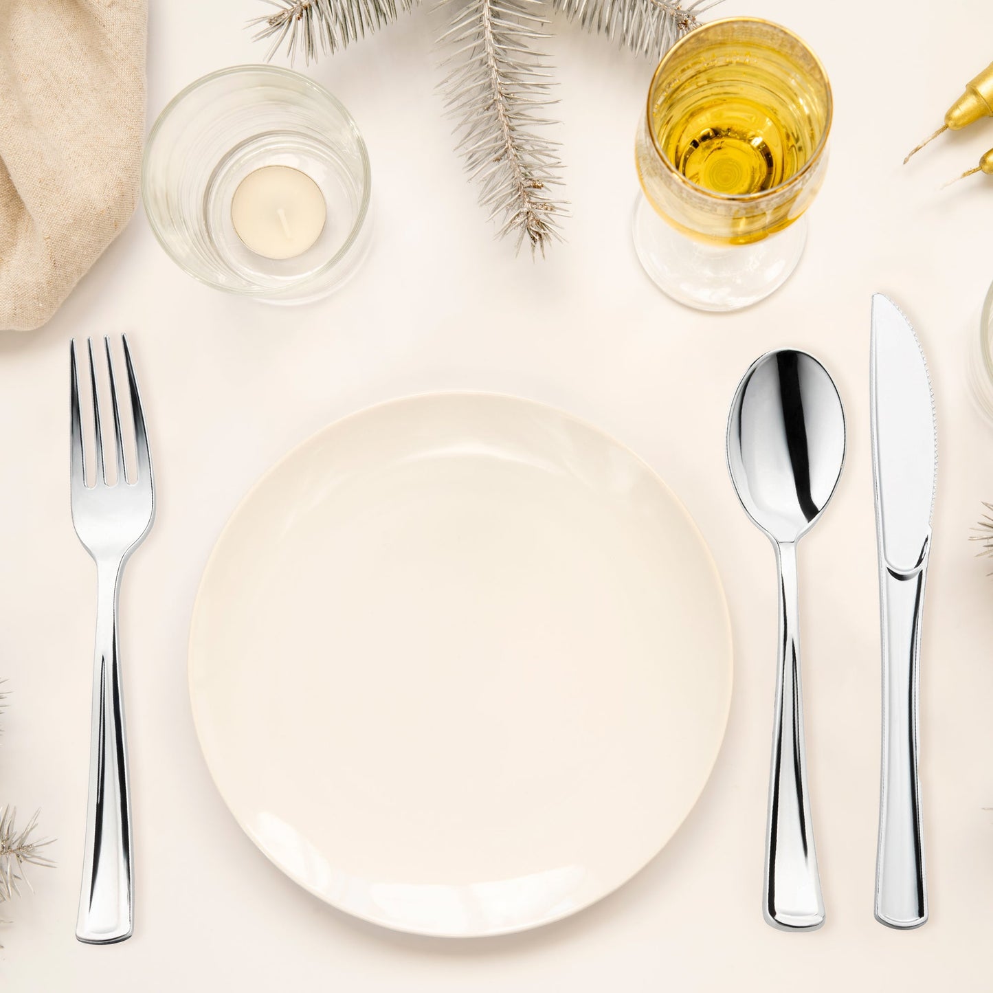 crafted Shiny Metallic Silver Plastic Cutlery Combo Set - 60 Spoons, 60 Forks and 60 Knives for modern table settings and upscale events