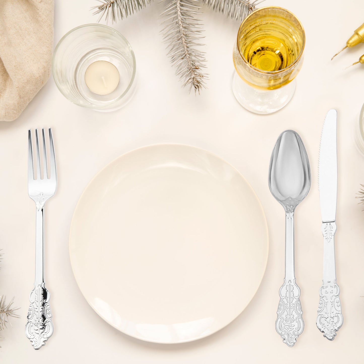 designed Shiny Metallic Silver Baroque Plastic Cutlery Set - 24 Spoons, 24 Forks and 24 Knives for effortless hosting with visual charm