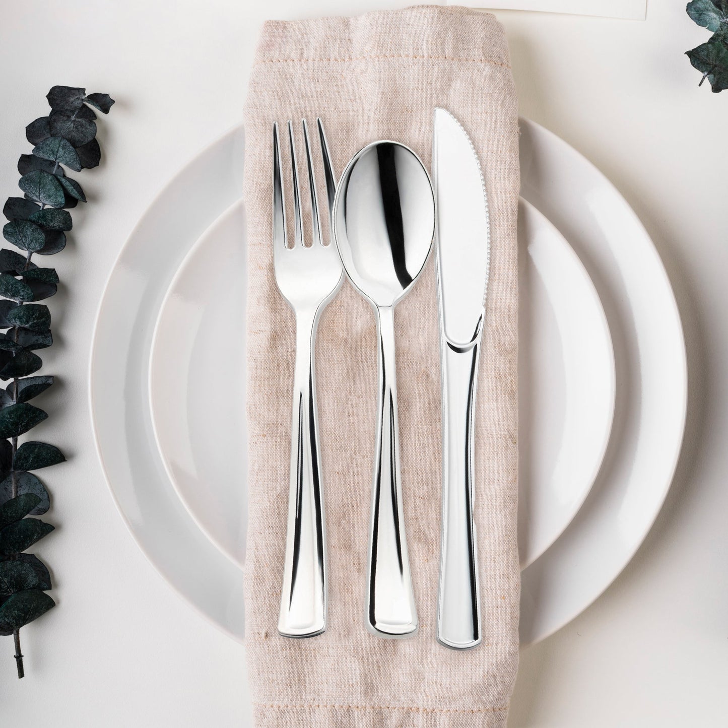 enhances the dining experience with premium look and feel Shiny Metallic Silver Plastic Cutlery Combo Set - 60 Spoons, 60 Forks and 60 Knives