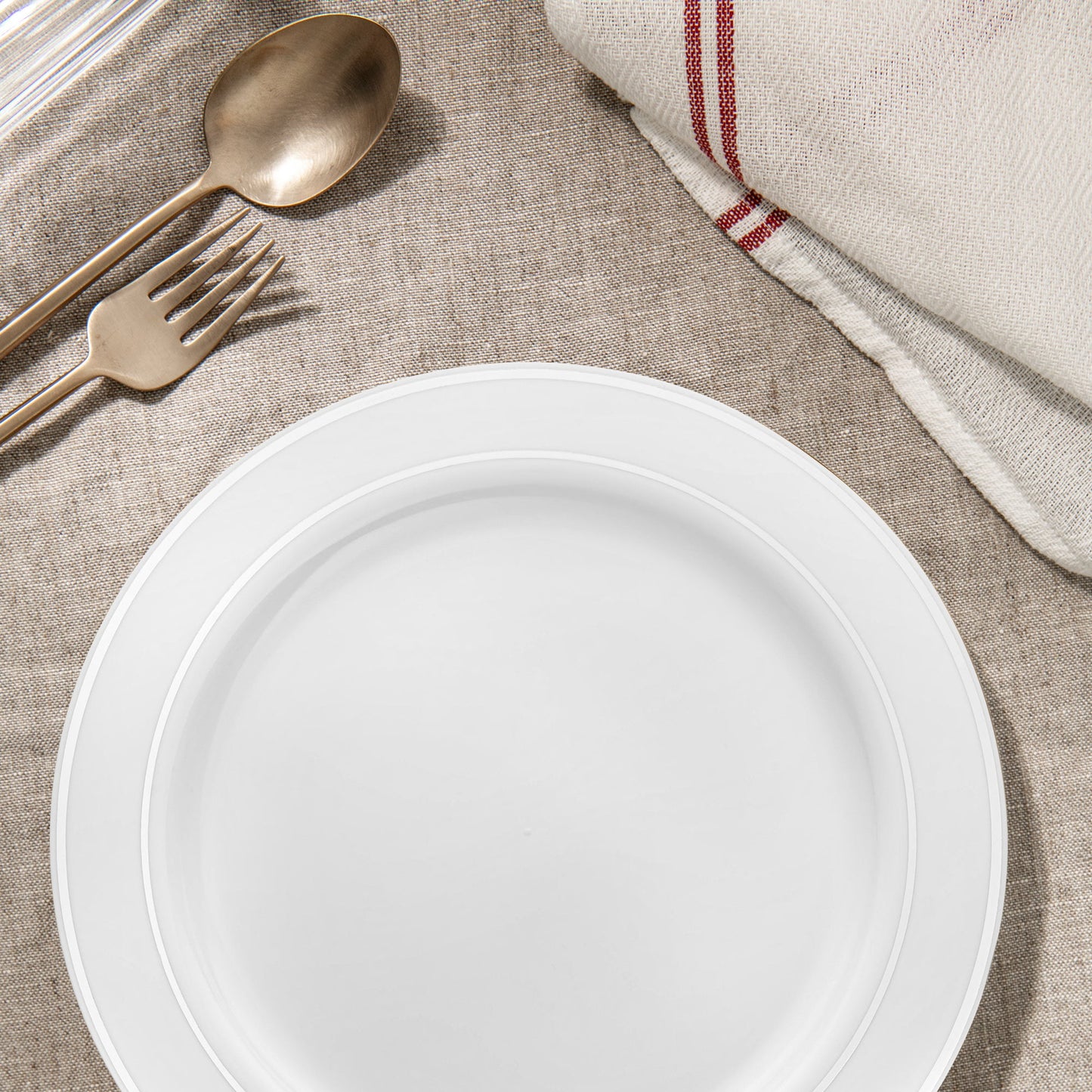 perfect White with Silver Edge Rim Plastic Dinner Plates (10.25") for special occasions, banquets, or casual events
