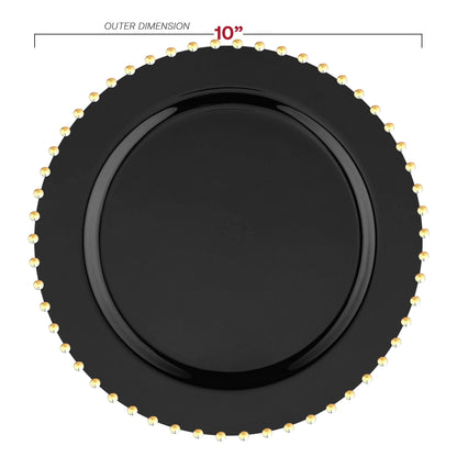 10-inch black disposable plastic dinner plates with a decorative gold pearl string trim