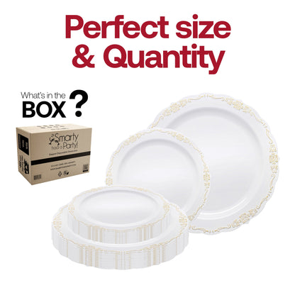 10-inch round dinner plate featuring a white base and a gold vintage rim, perfect for presenting main dishes with style