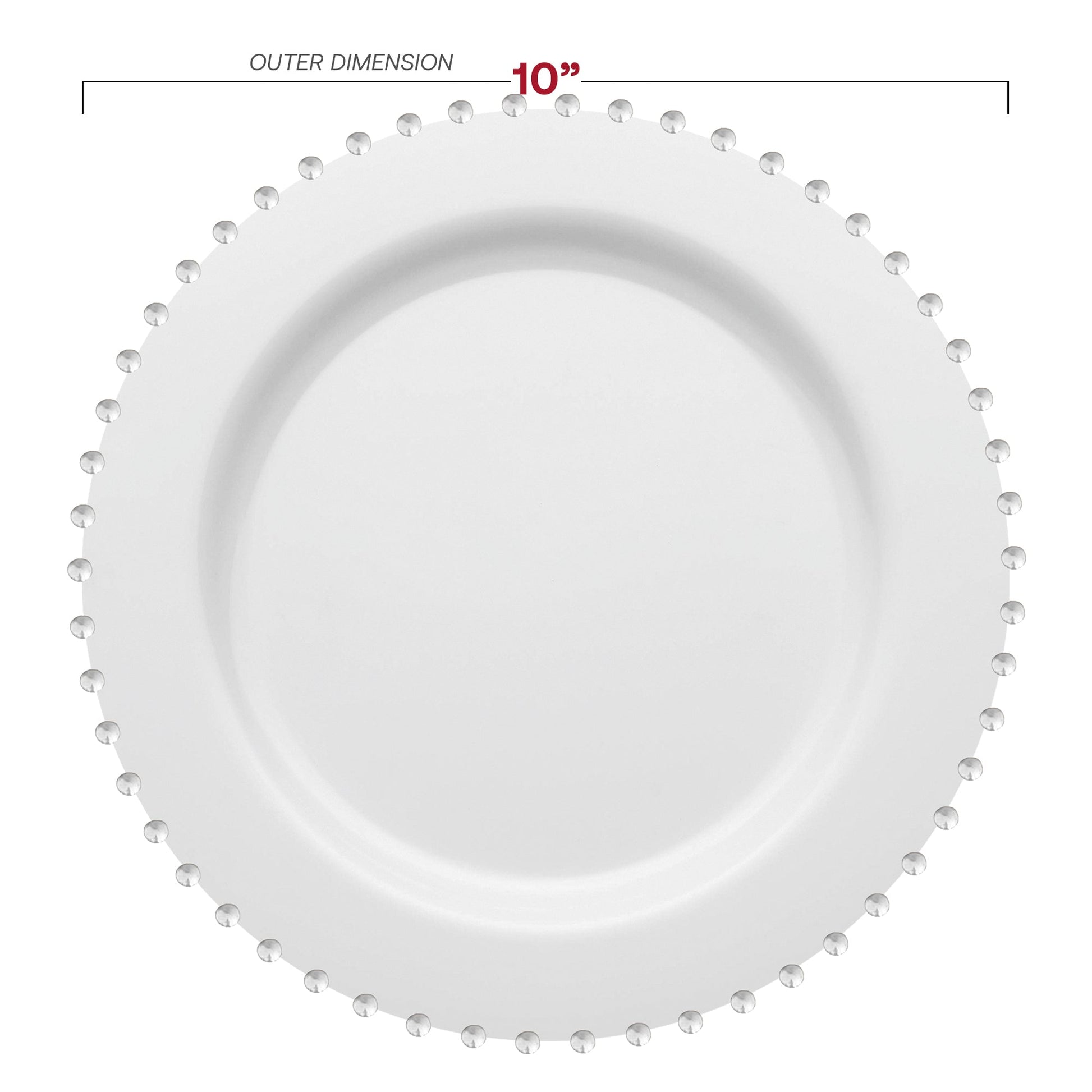 10-inch white plastic dinner plates with a stylish silver pearl string design, lightweight and durable