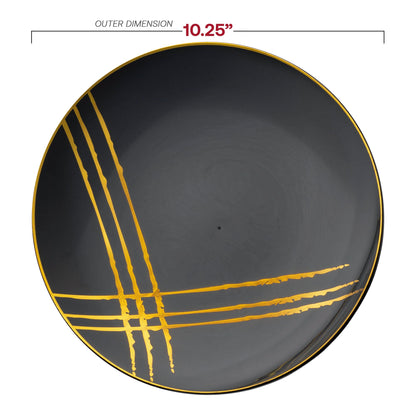 10.25-inch black plastic dinner plates featuring a stylish gold brushstroke pattern