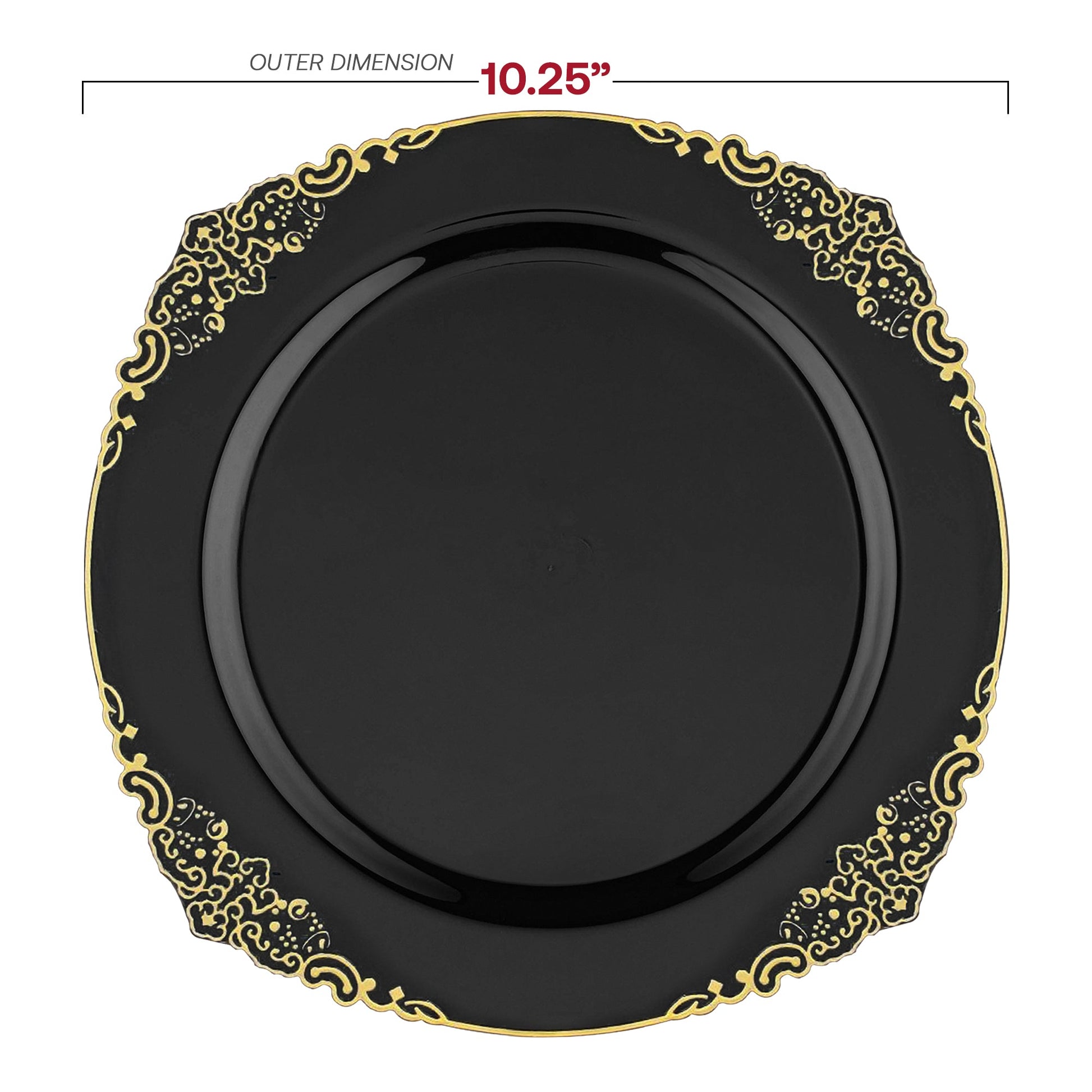 10.25-inch black plastic dinner plates with intricate gold accents
