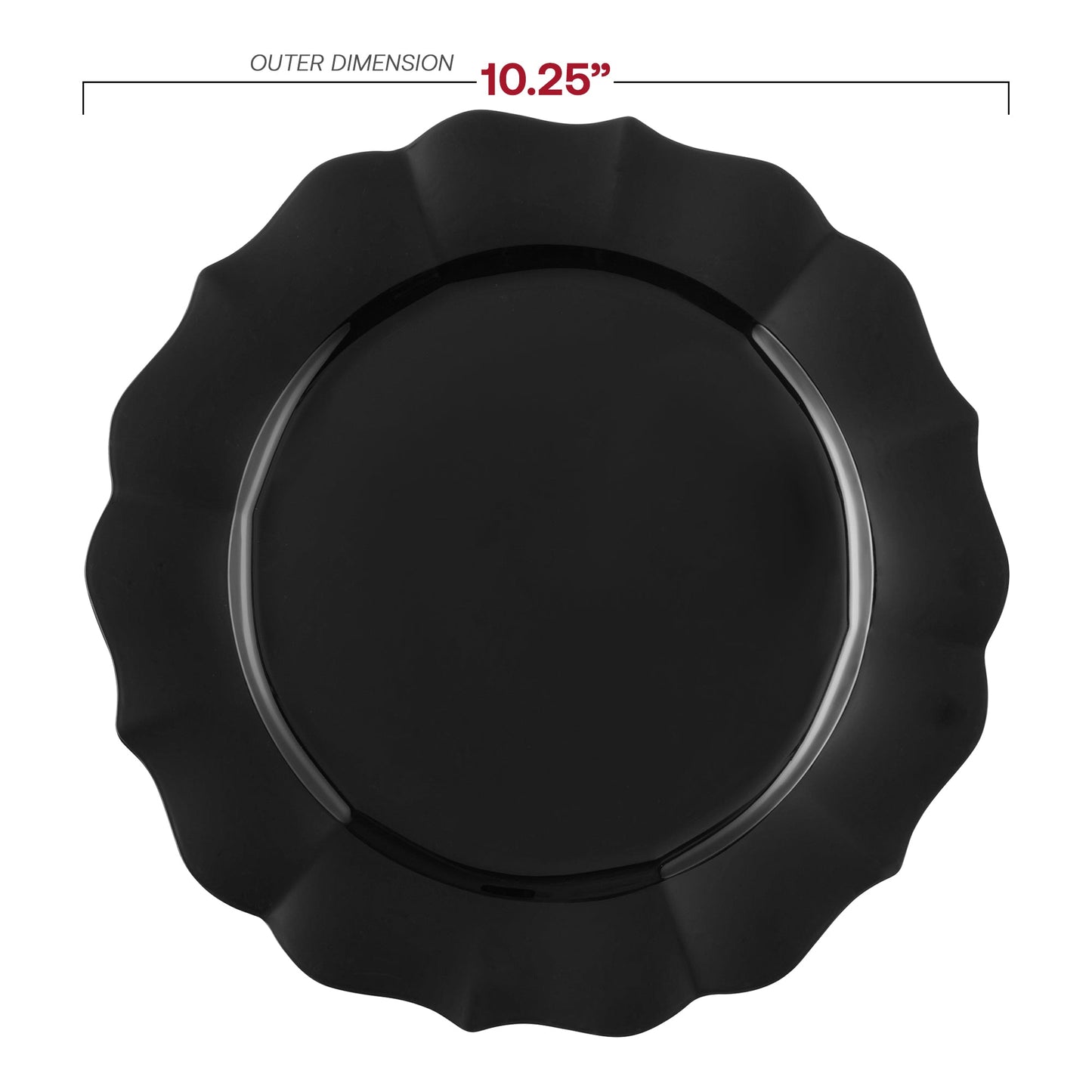 10.25-inch black round lotus plastic dinner plates in a bulk pack of 120