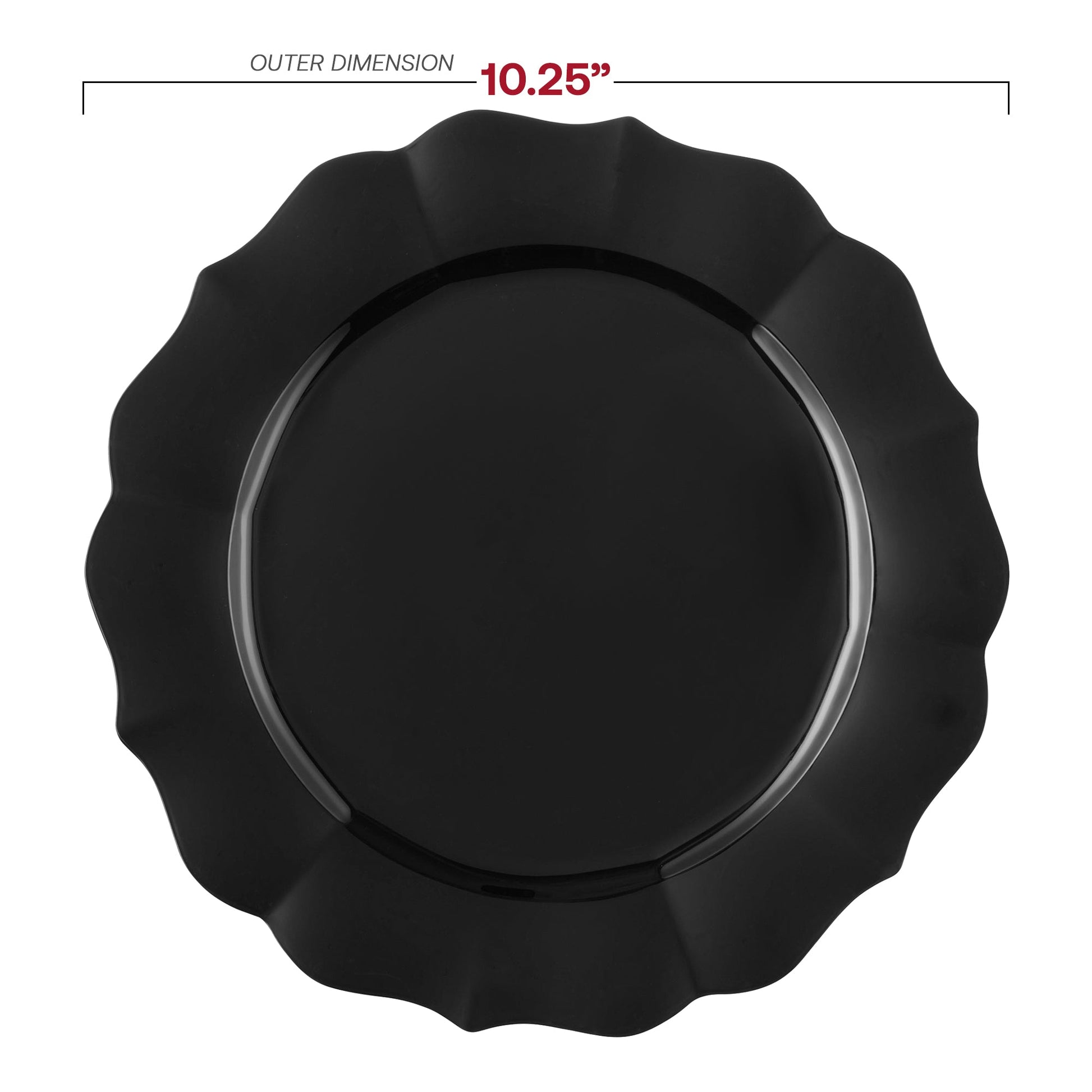 10.25-inch black round lotus plastic dinner plates in a bulk pack of 120