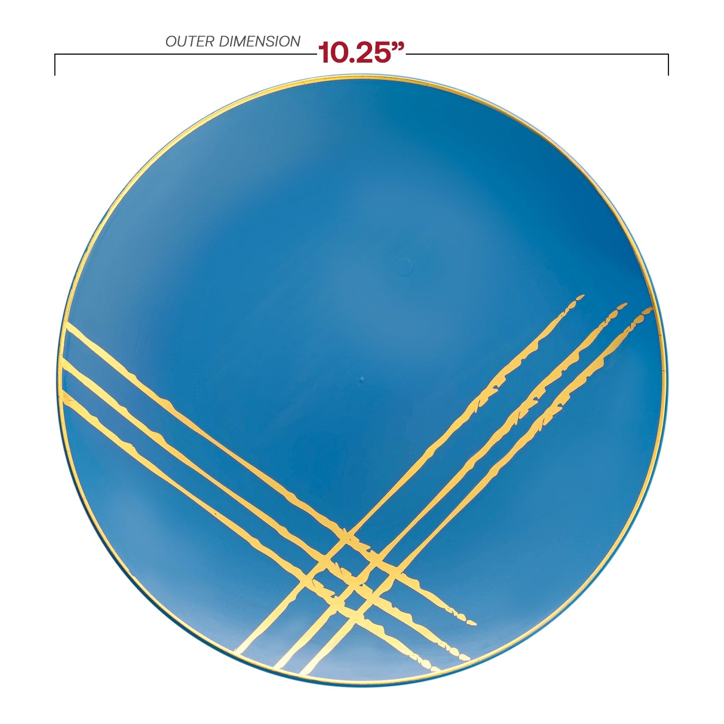 10.25-inch blue disposable dinner plates with a modern gold brushstroke accent