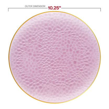 10.25-inch clear pink round dinner plates featuring a gold hammered rim design