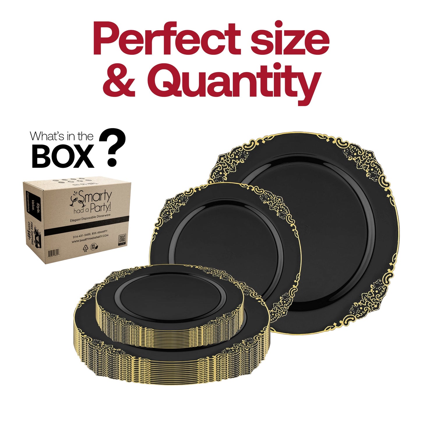 10.25-inch dinner plates from the Black with Gold Fancy Round Set blend luxurious style with premium disposable function