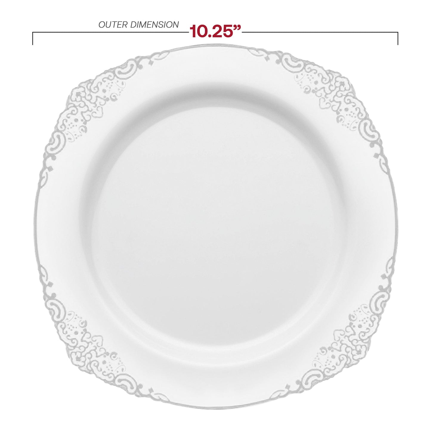 10.25-inch white plastic dinner plates with intricate silver accents, perfect for weddings or upscale events