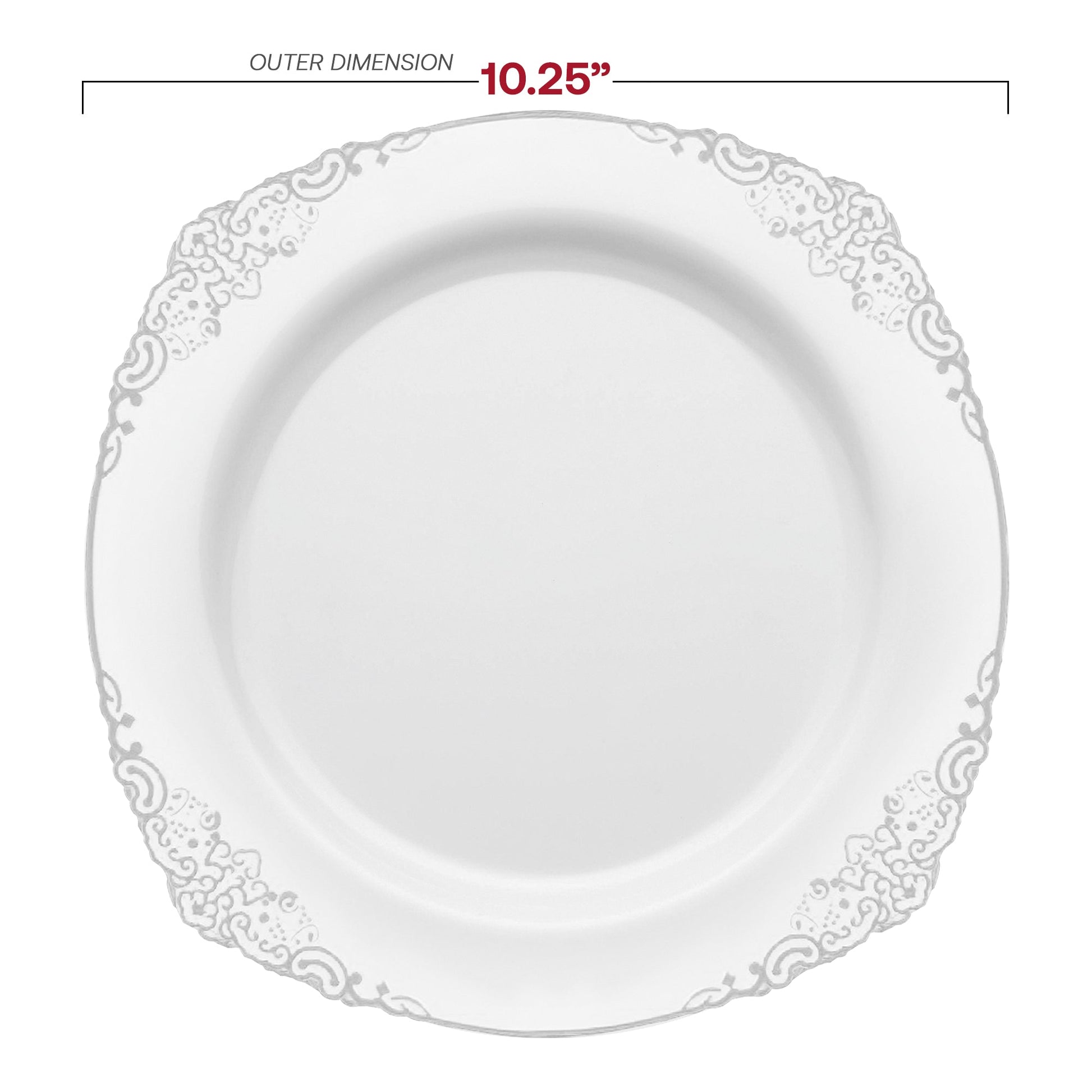 10.25-inch white plastic dinner plates with intricate silver accents, perfect for weddings or upscale events