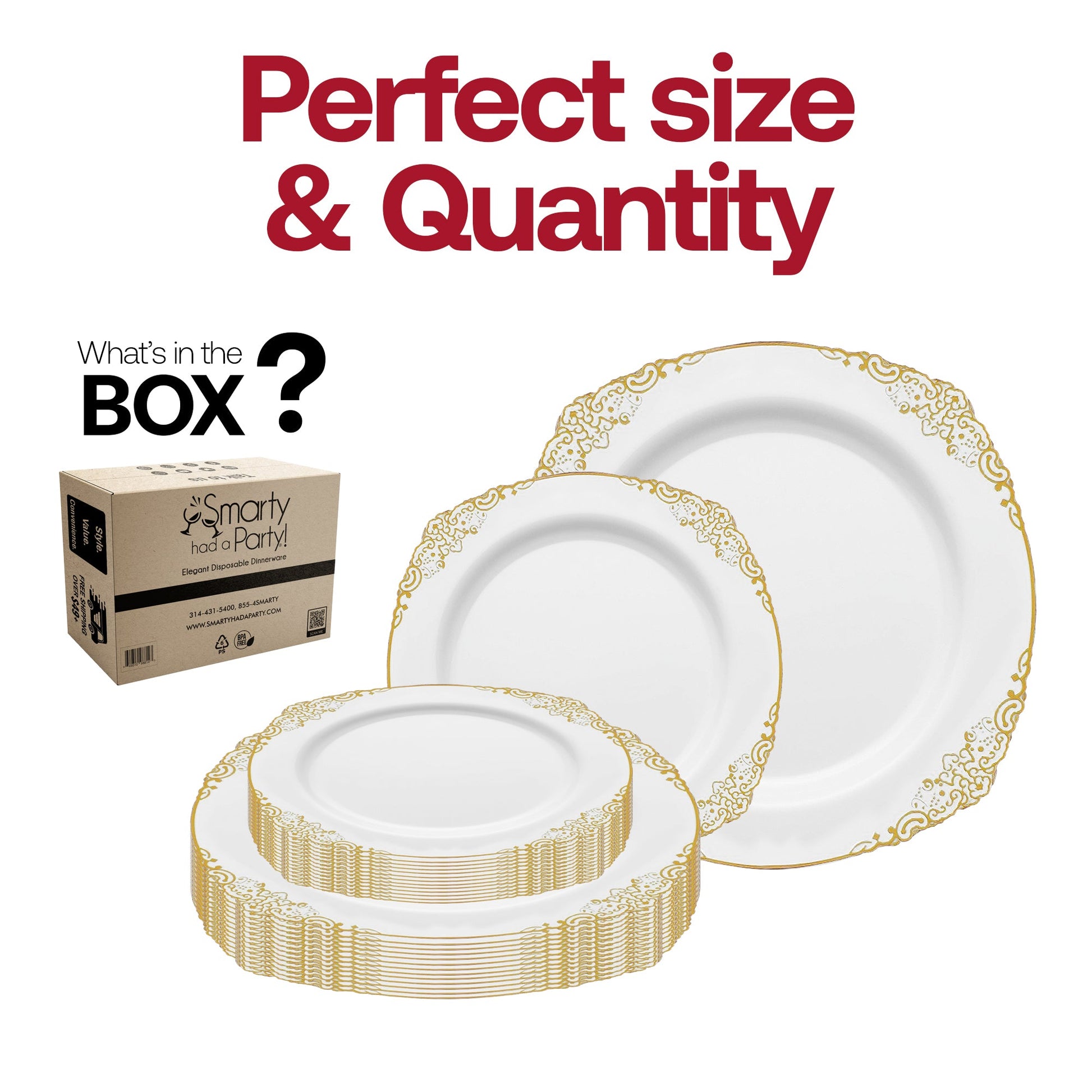 10.25" dinner plates in the White with Gold Fancy Round Set add grandeur to formal dining with their radiant trim