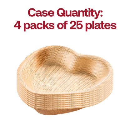 100-pack of heart-shaped disposable salad plates, 6 inches wide, made from sustainable palm leaf for environmentally friendly dining