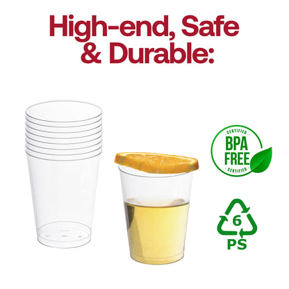 10 oz clear round plastic cups, measuring 3 inches wide by 3.75 inches tall with a 2.25-inch base, pack of 500.
