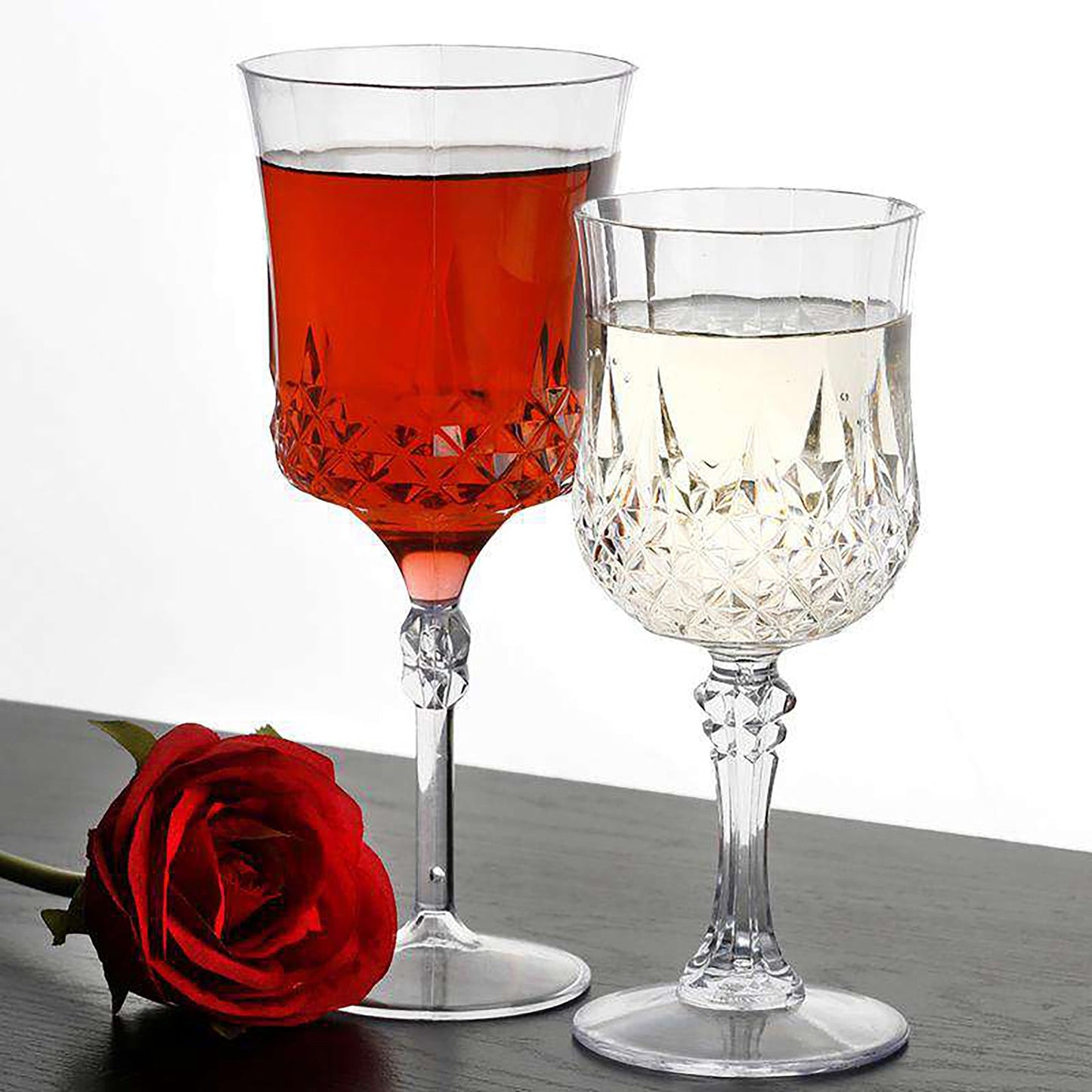 11 oz disposable crystal cut plastic wine goblets with a sophisticated design, ideal for parties, sold in a pack of 48