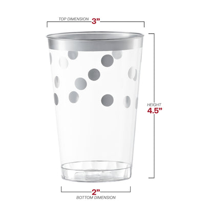 12 oz round plastic tumblers with silver dots, measuring 3 inches wide by 4.5 inches tall with a 2-inch base