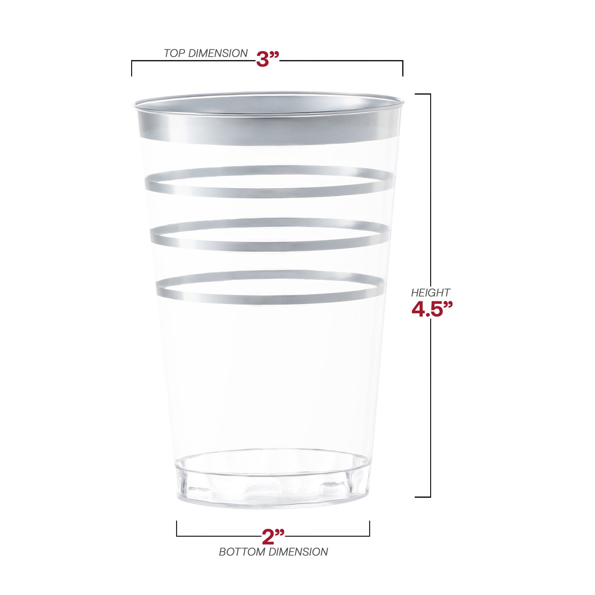 12 oz round plastic tumblers with silver stripes, measuring 3 inches wide by 4.5 inches tall with a 2-inch base