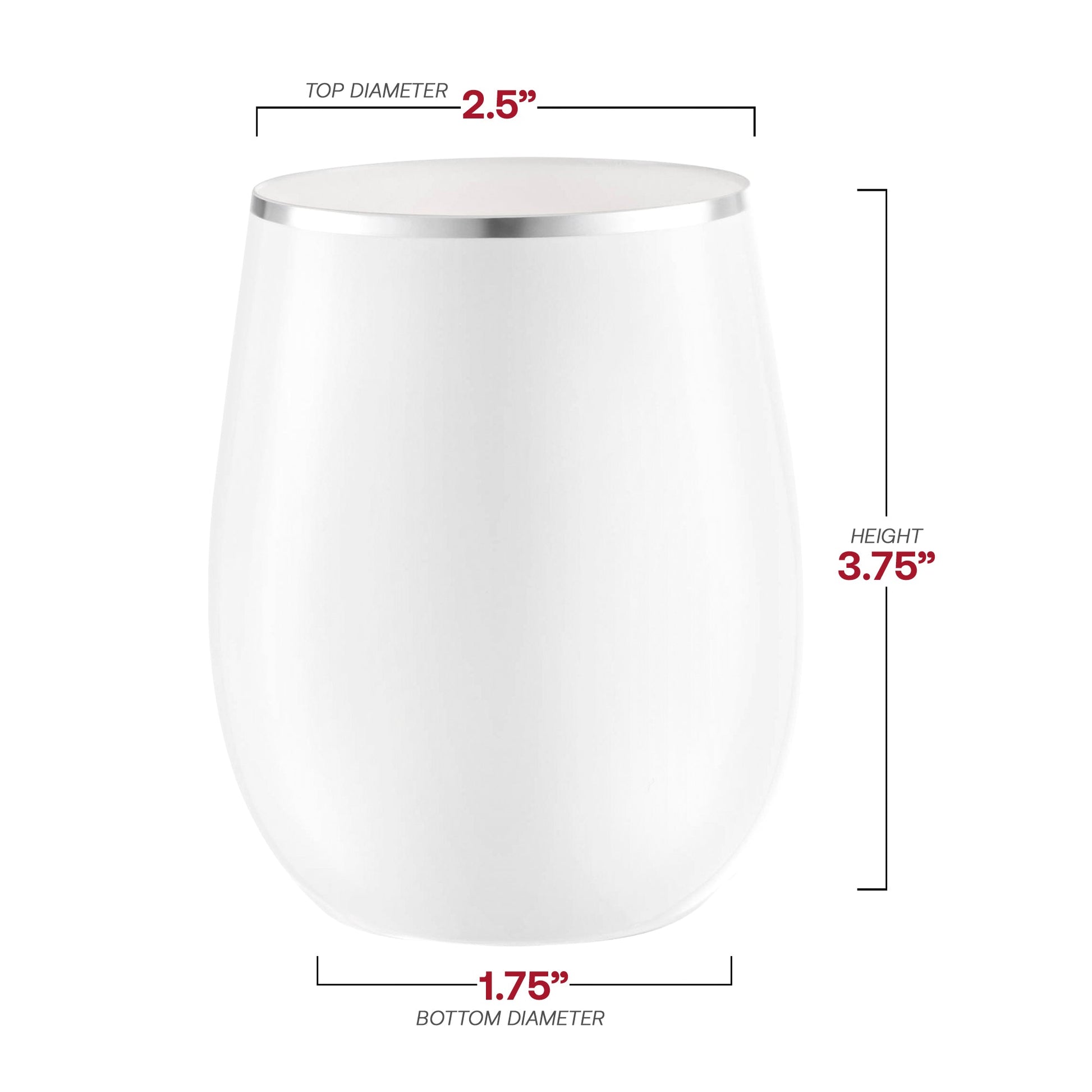 12 oz white plastic stemless wine glasses with silver accents, perfect for formal events, weddings, and festive gatherings