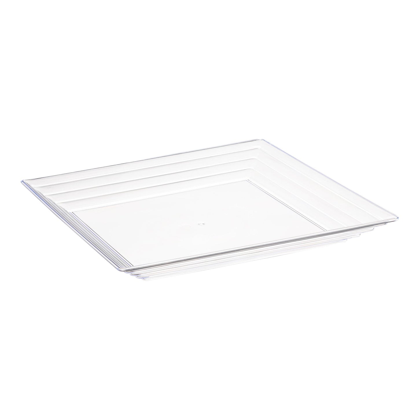 12x12 inch clear square plastic serving tray with a groove rim, perfect for stylish and functional food presentation