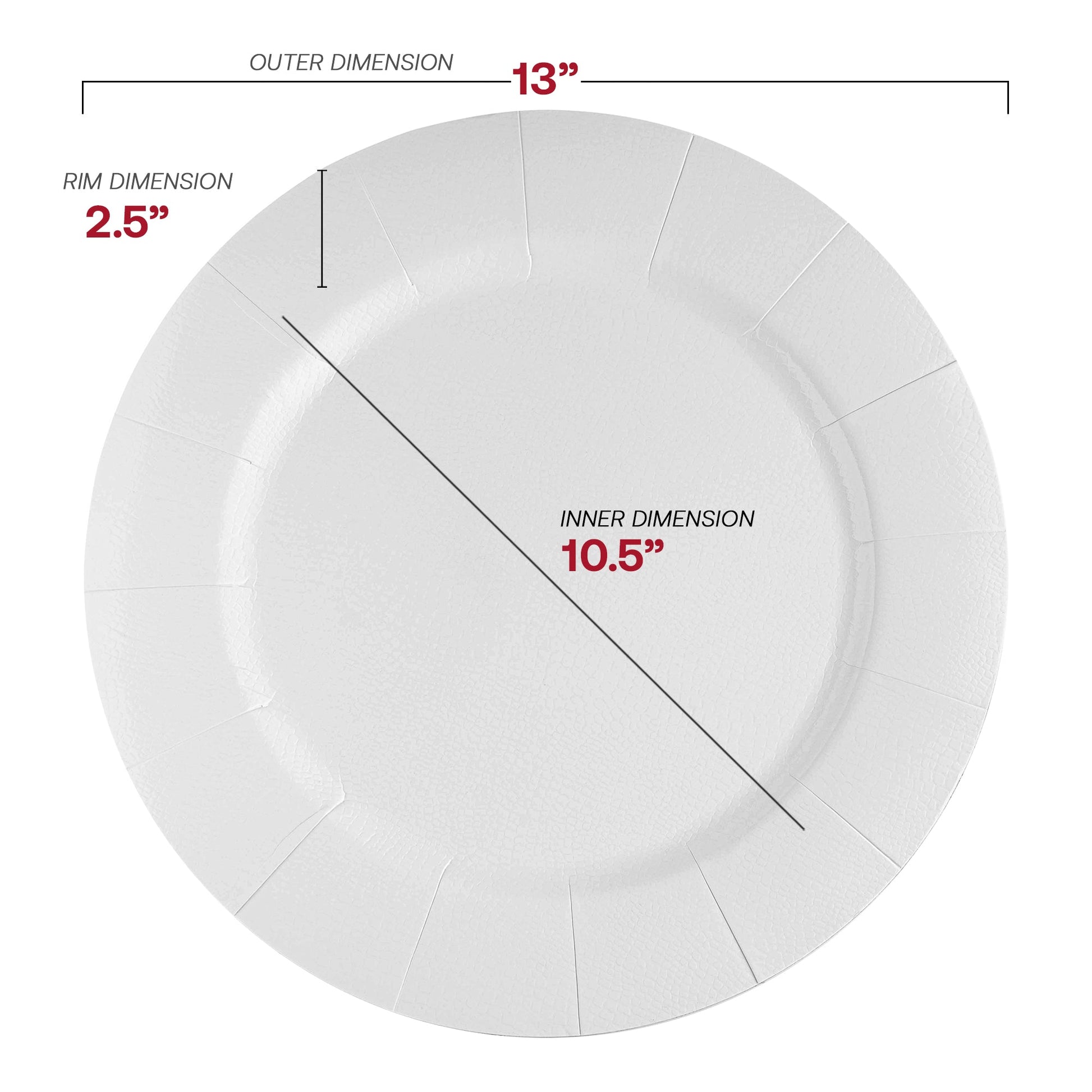 13-inch white paper charger plates with a classic round shape, disposable, sold in a set of 120