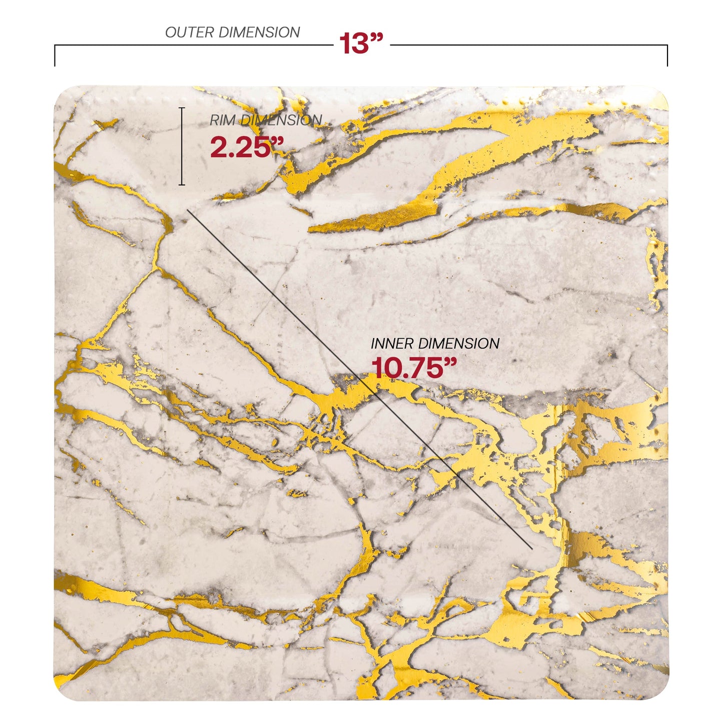 13-inch white square paper charger plates with luxurious gold marble accents