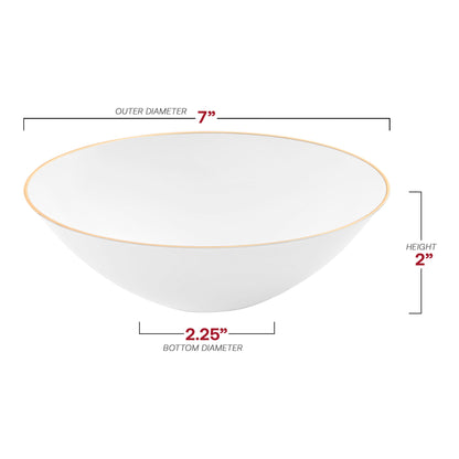 16 oz white disposable plastic soup bowls with a decorative gold rim and round design