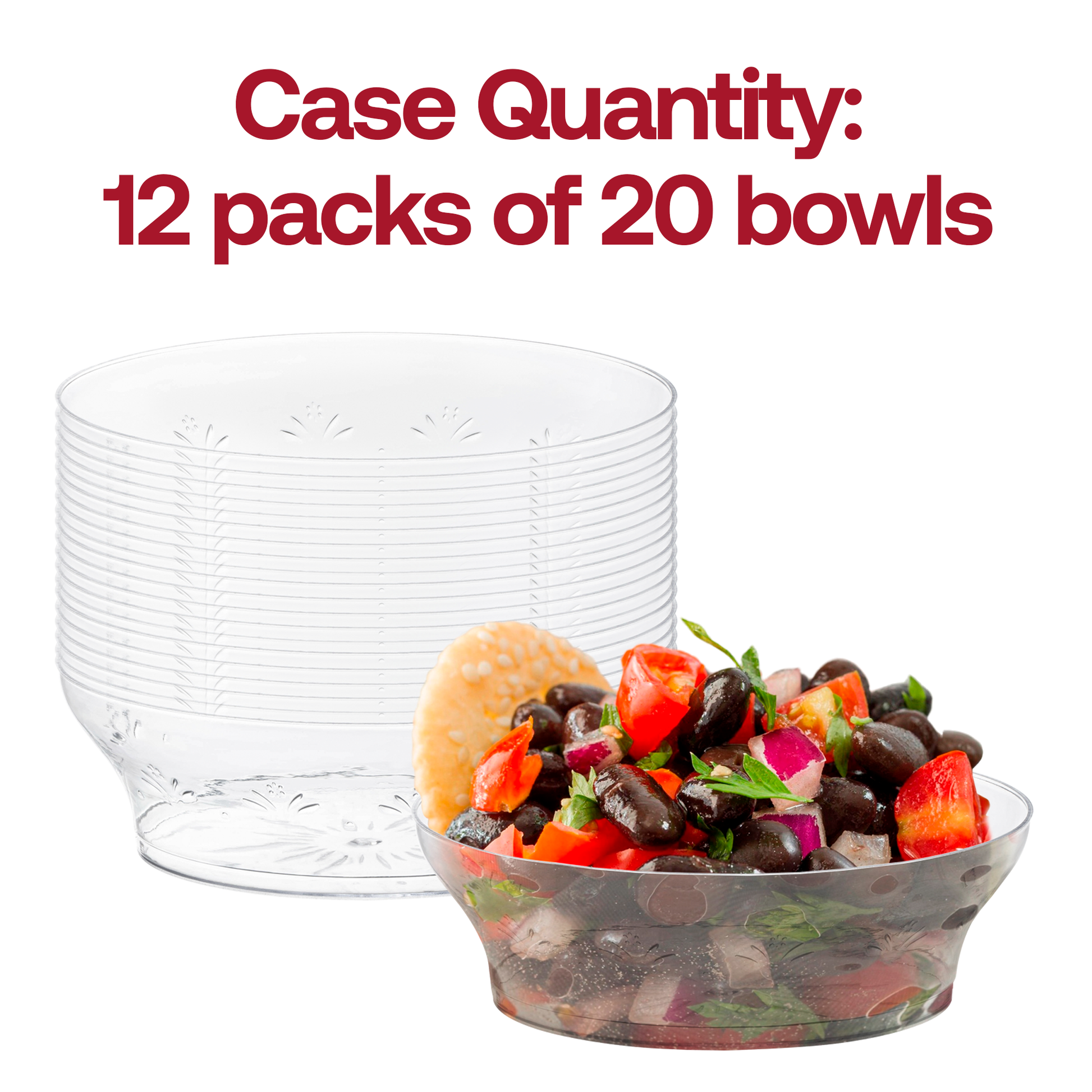 240-pack of clear round disposable plastic soup bowls with intricate floral detailing