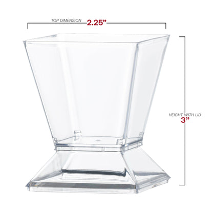 288-pack of clear square disposable mini cups with lids, 3.5 oz capacity, 2.25" x 2.25" size, ideal for desserts or appetizers.
