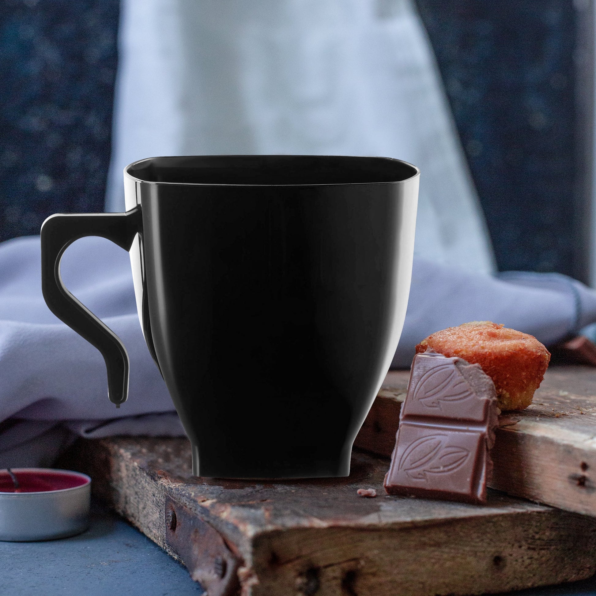 2 oz. Black Square Plastic Mini Coffee Tea Cup with modern shape, ideal for serving espresso or hot beverages