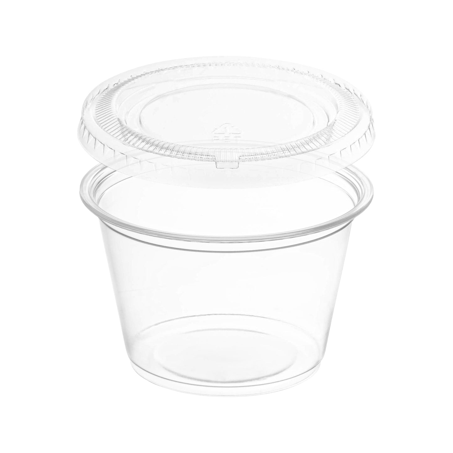 3.25 oz clear plastic portion cup with lid keeps contents fresh—ideal for sauces, dips, and condiments
