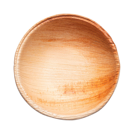 3.5-inch round palm leaf mini disposable sauce bowls with 2.5 oz capacity, perfect for dips, sauces, and tastings