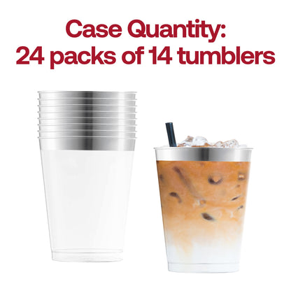 336-pack of 10 oz round clear plastic tumblers with a classic metallic silver rim, disposable and perfect for parties