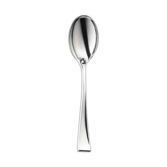 4-inch shiny metallic silver mini plastic tasting spoons, great for sampling ice cream, appetizers, and gourmet dishes