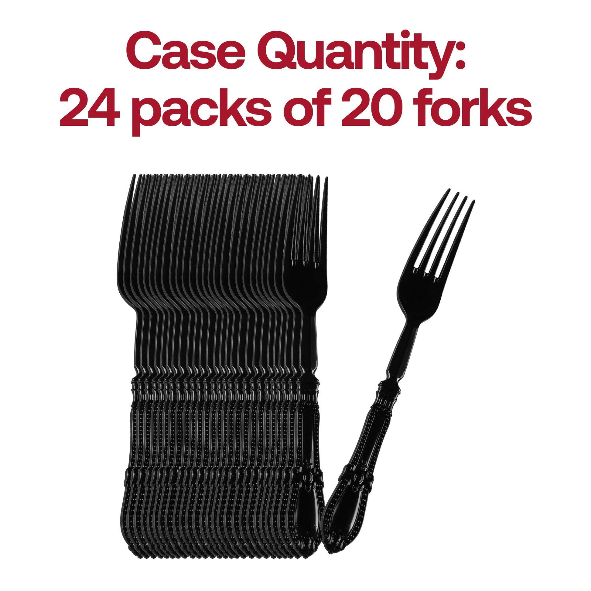 480-pack of disposable Black Baroque plastic dinner forks, 8 inches long, ideal for catering, events, and parties