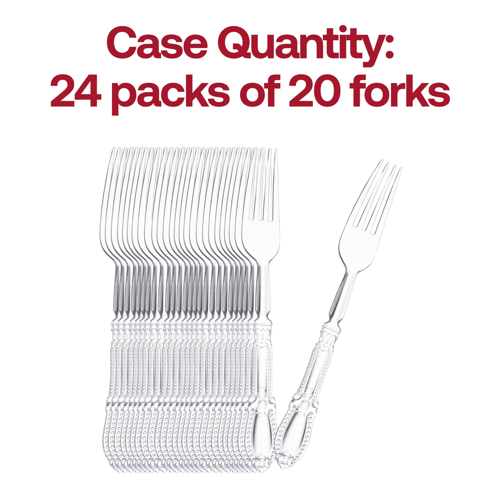 480-pack of disposable Clear Baroque plastic dinner forks, 8 inches long, perfect for catering, events, and parties
