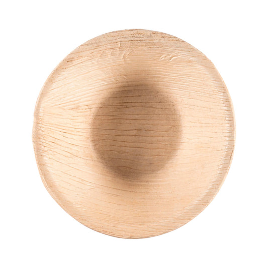 5-inch round palm leaf disposable soup bowls with 8 oz capacity, ideal for eco-friendly meals and events
