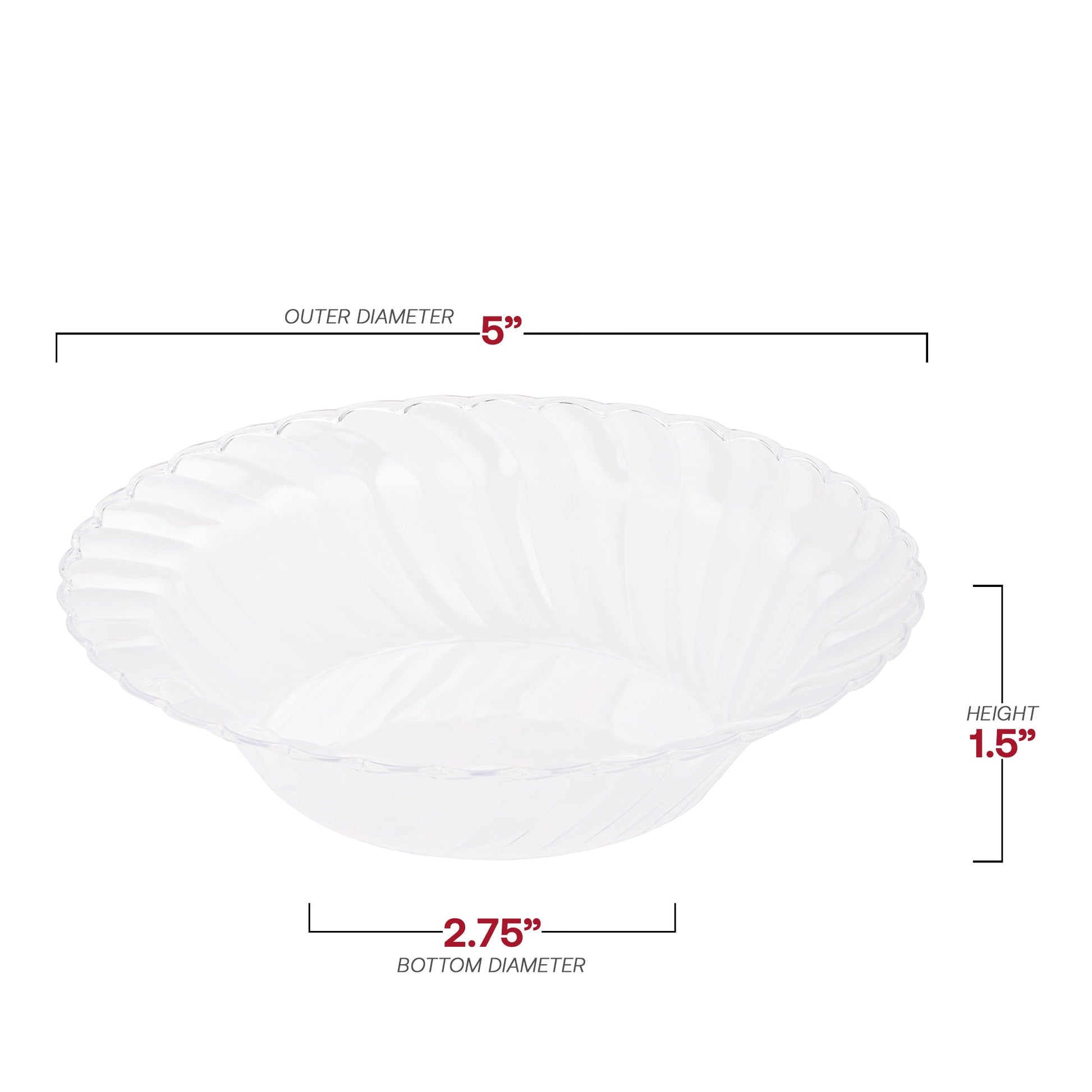 5 oz. clear plastic dessert bowls with a stylish flair edge design, 5-inch diameter, perfect for parties or casual gatherings