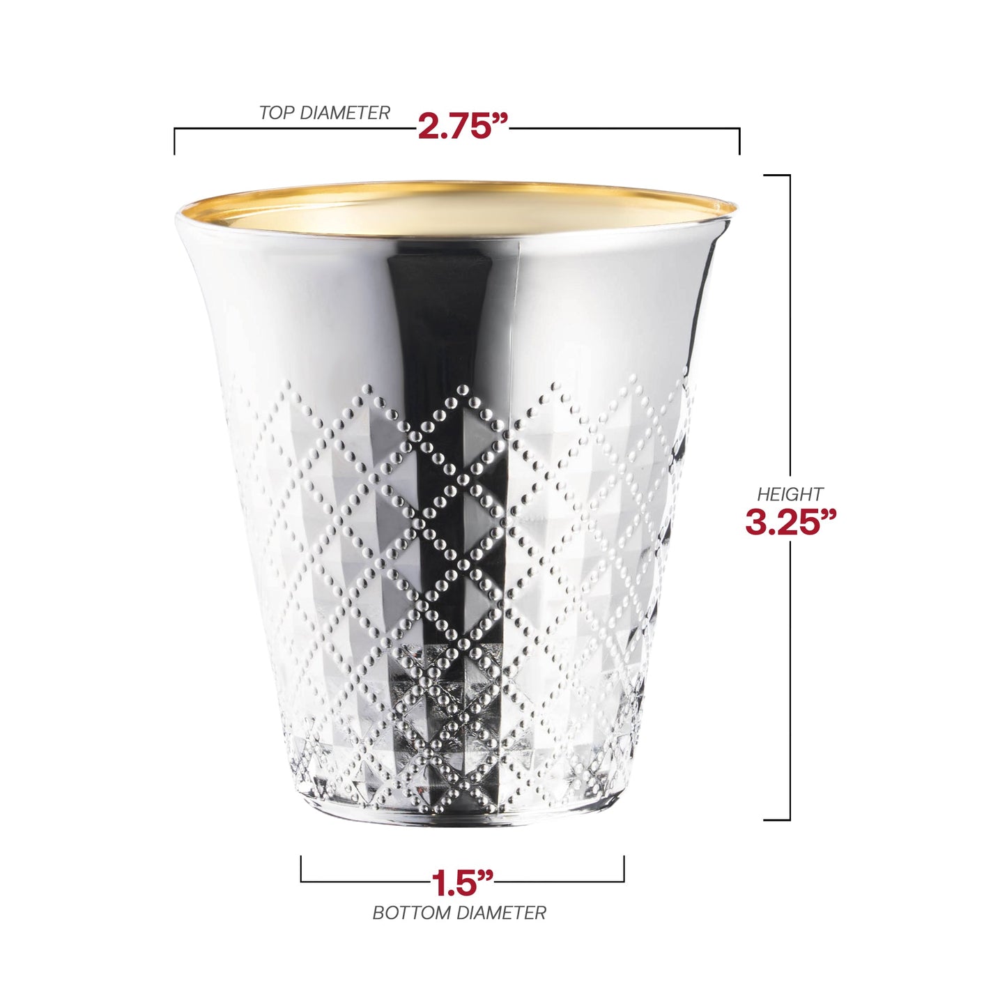 5 oz shiny metallic aluminum silver round plastic Kiddush cups, measuring 2.75 inches wide, 3.25 inches tall, and 1.5 inches at the base