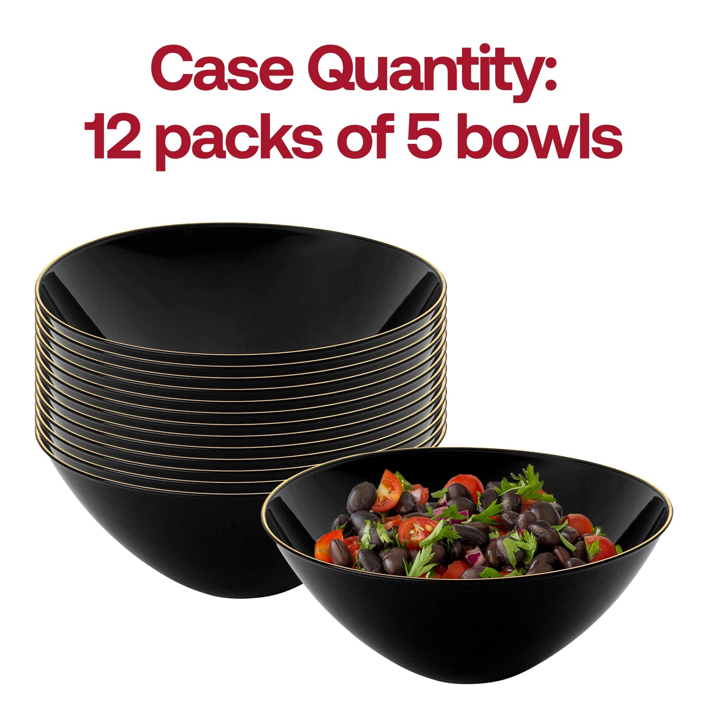 60-pack of black round disposable plastic bowls with a luxurious gold rim, 32 oz size