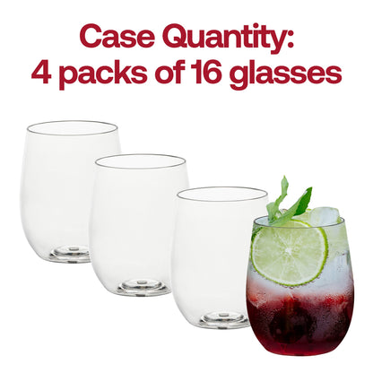 64-pack of clear stemless plastic wine glasses, 12 oz capacity, offering a stylish and practical solution for serving wine at parties