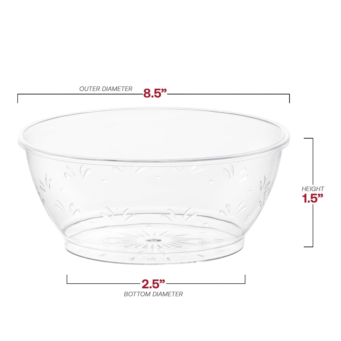6 oz clear plastic dessert bowls with a subtle floral pattern, round disposable design